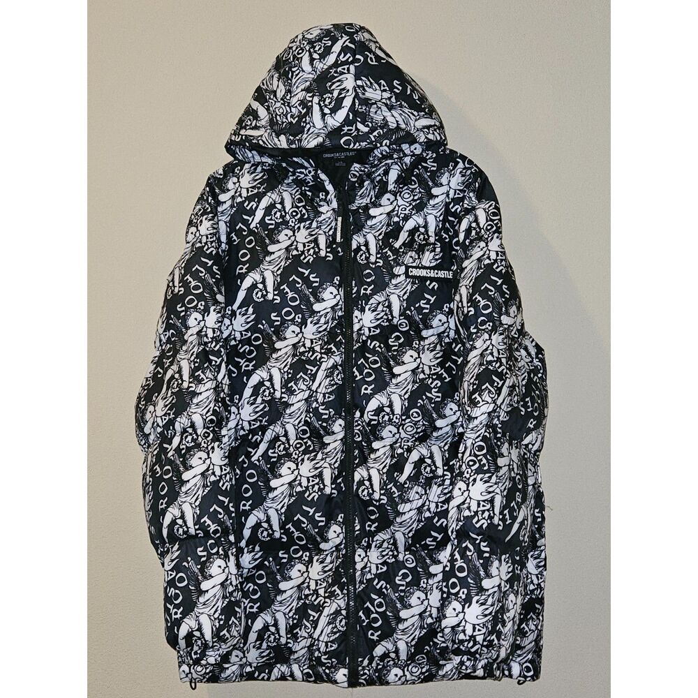 Crooks & Castles Cherub Graphic Puffer Jacket Hooded Black White Men's Large